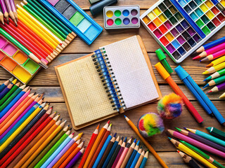 A set of vibrant art supplies like markers, colored pencils, sketchbooks, and stencils