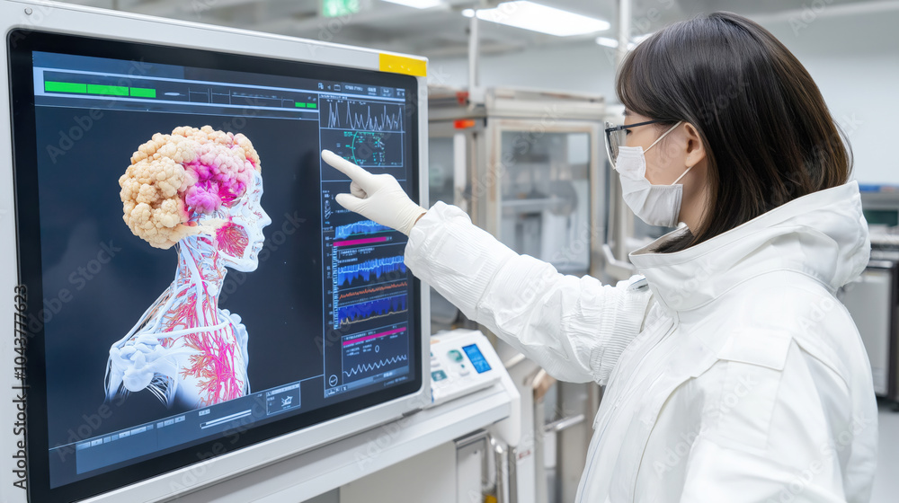 Poster scientist analyzing brain scan on medical imaging screen in laboratory setting