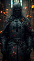 A Knight Templar stands atop a castle wall, his gaze fixed on the besieging forces below.