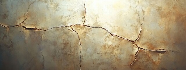 Fototapeta premium Stucco wall texture featuring gentle cracks, illuminated by soft ambient light, creating a warm and inviting atmosphere.