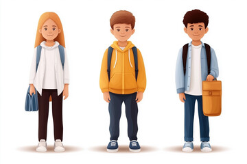 Obraz premium Three diverse students in casual wear and backpacks stand in a classroom