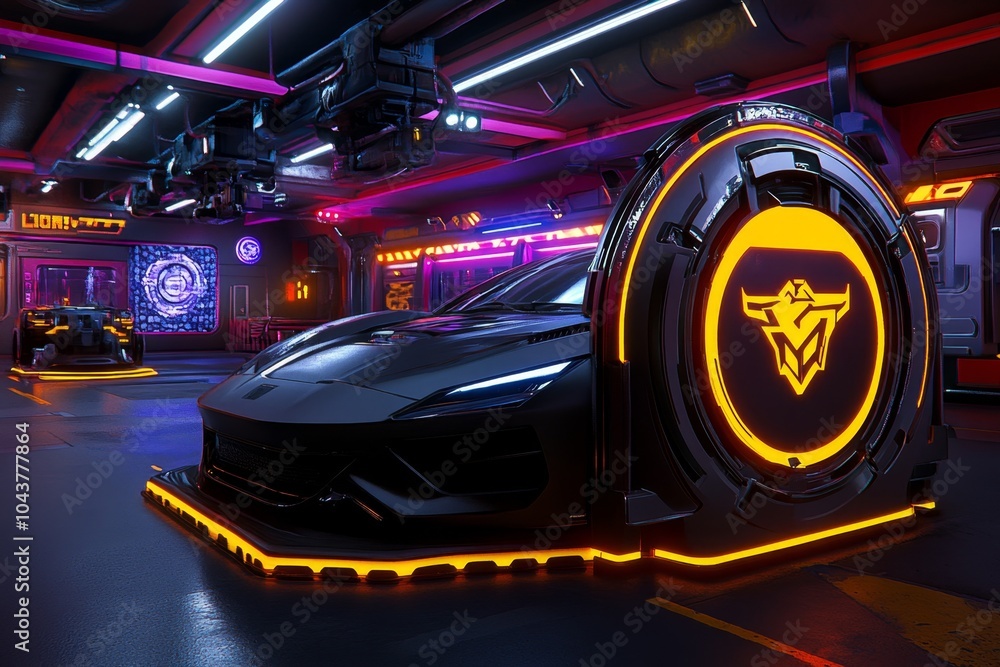 Poster cyberpunk industrial machinery in a neon-lit factory, with advanced robotic systems and glowing holo