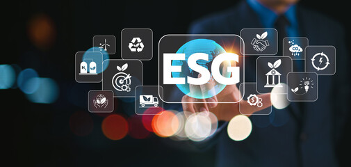 ESG icon for low co2 change, Environmental social governance. Net zero emissions, Carbon credit, green business concept. Finance money investment for sustainable clean technology. Bond stock market