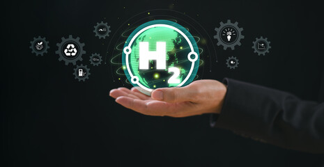 H2 hydrogen energy innovation technology concept. Reduce Co2 carbon dioxide, greenhouse gas production, fuel station resource friendly sustainability. Green carbon business investment, zero emissions