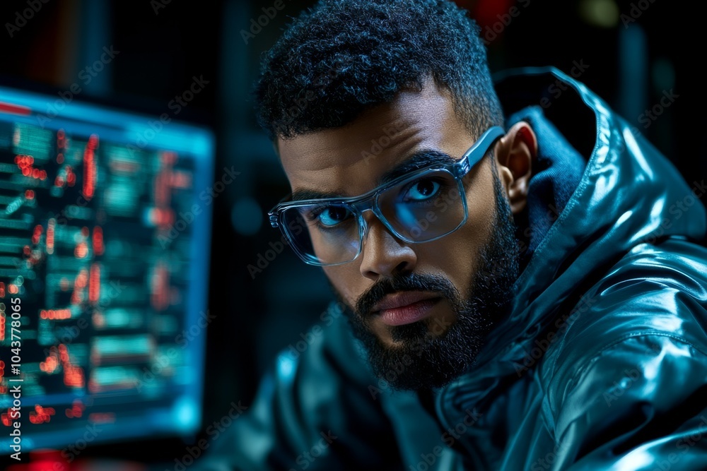Poster cyberpunk laboratory filled with glowing digital interfaces, where a researcher conducts experiments
