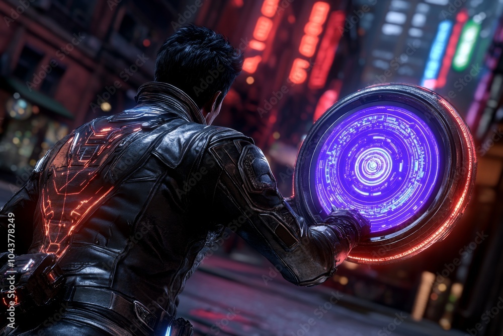 Poster Cyberpunk scientist collecting empirical data in a neon-lit city, with advanced tech and holographic screens displaying results