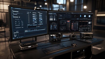 A high-tech workspace featuring dual monitors and audio equipment for digital production.