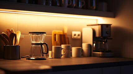 Modern Black Coffee Machine in a Stylish Kitchen with Cup - Sleek Home Appliance Closeup