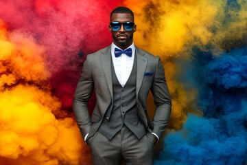 Man in a tailored gray suit and sunglasses standing confidently against a backdrop of swirling blue and yellow smoke blending formal wear with bold high energy visuals