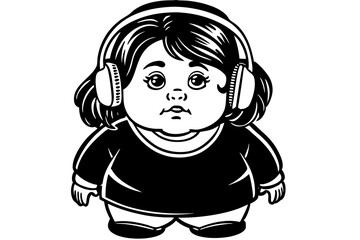  a chubby little girl listening to music with headphones isolated on a white background