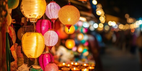 Obraz premium Vibrant marketplace stall showcasing colorful diwali lanterns and diyas in a lively atmosphere, Indian festival, banner