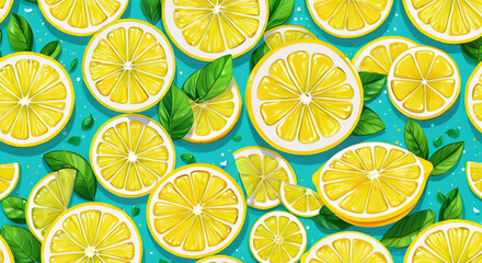 Fototapeta premium Seamless pattern with lemon slices fruity summer background