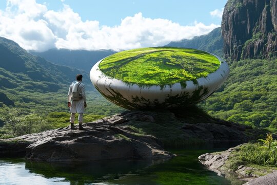 Fantasy depiction of a scientist exploring a magical world, gathering empirical data on mystical creatures and plants