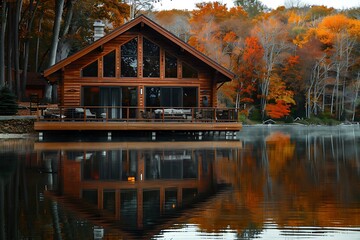 Obraz premium A stylish lakeside cabin with wooden exterior large deck and panoramic windows Reflecting the tranquil waters of the lake and surrounded by autumn foliage