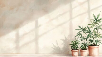 Fototapeta premium Three potted plants casting soft shadows against a light wall.