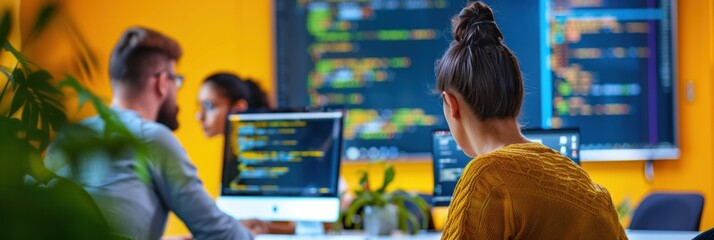 Dynamic team of coders collaborating on innovative software projects in a vibrant workspace