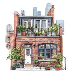Naklejka premium Watercolor Illustration of a Brick Building with a Balcony and a Patio.