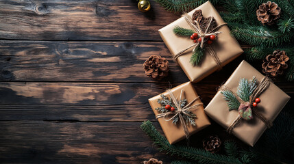 Fototapeta premium Charming Handcrafted Christmas Gifts on Rustic Wooden Table - Ideal for Promoting Local Artisans and Handmade Products