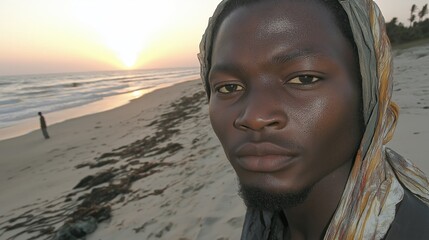 Pensive moment on a serene beach at sunset
