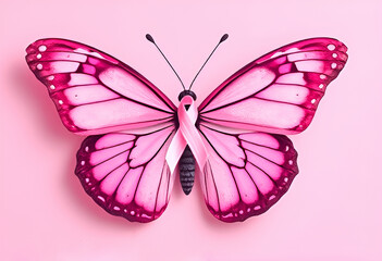 Pink butterfly on a pink background. View from above. pink ribbon. the symbol of breast cancer
