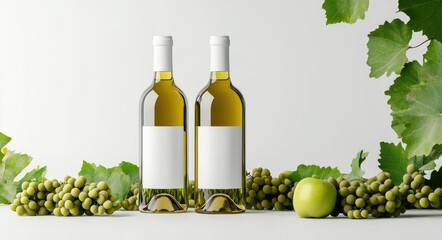 Wine Bottles with Grapes and Apple on White Background. Blank Labels Design Mockup