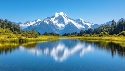 Serene mountain landscape reflecting in a calm lake under a clear blue sky.