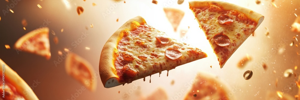 Poster Large slices of pepperoni pizza fly through the air, adding a dynamic and delicious touch to this vibrant culinary setting. Generative AI