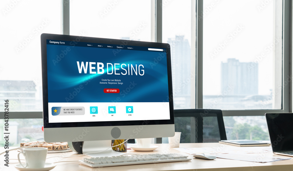 Poster empty computer monitor screen for design mock up template in modern small office interior or home of