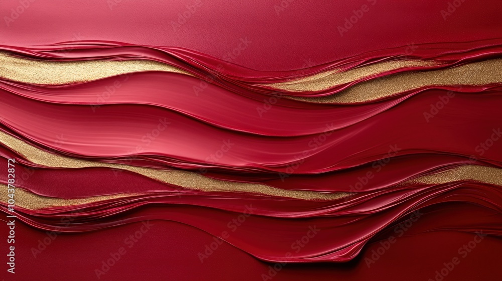 Poster abstract red and gold waves with textured layers for modern design
