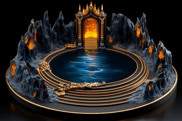 Gothic-inspired depiction of a festival shrine, with deep shadows and intricate golden details, symbolizing a mysterious celebration of wealth