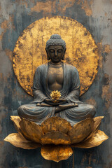a statue of buddha seating on a gold lotus flower with grunge wall background