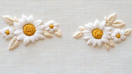 Delicate floral embroidery on linen fabric: detailed daisy patterns in soft cream and yellow tones