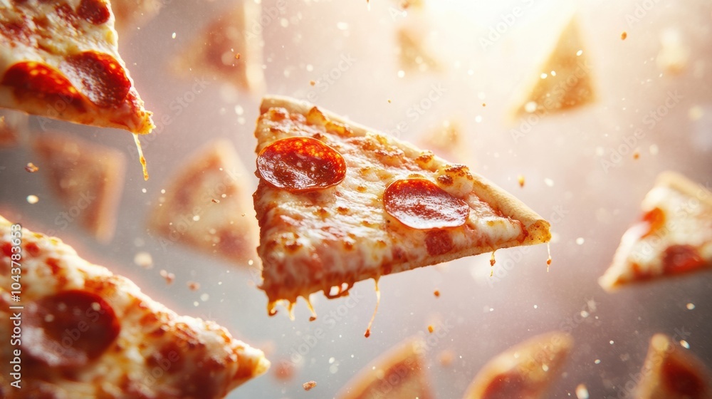 Poster Slices of pepperoni pizza soar through the air, adding a fun and lively element, while leaving space for creative text placement. Generative AI
