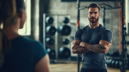 A confident male personal trainer giving a motivational talk to clients, showcasing his leadership and passion for fitness