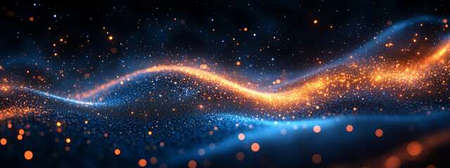 blue and golden particles wave on dark background