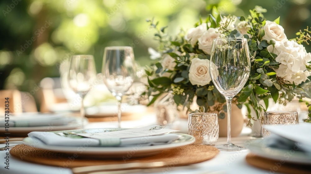 Poster a table with a white tablecloth and a vase of flowers in the center
