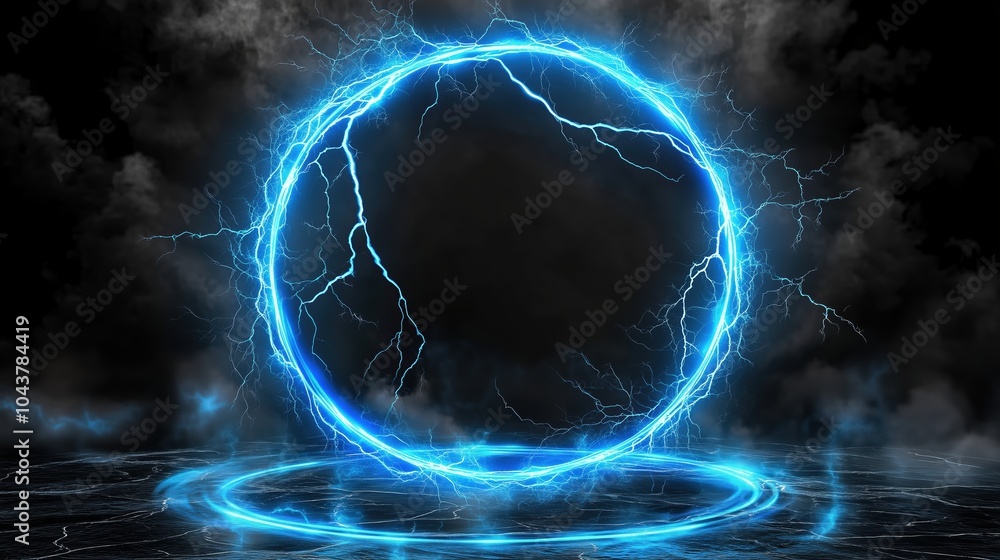 Poster Abstract blue lightning scene with a glowing circular frame on a dark backdrop, creating a fantastical world view. The high-resolution, high-quality, and high-detail render showcases cinematic lightin
