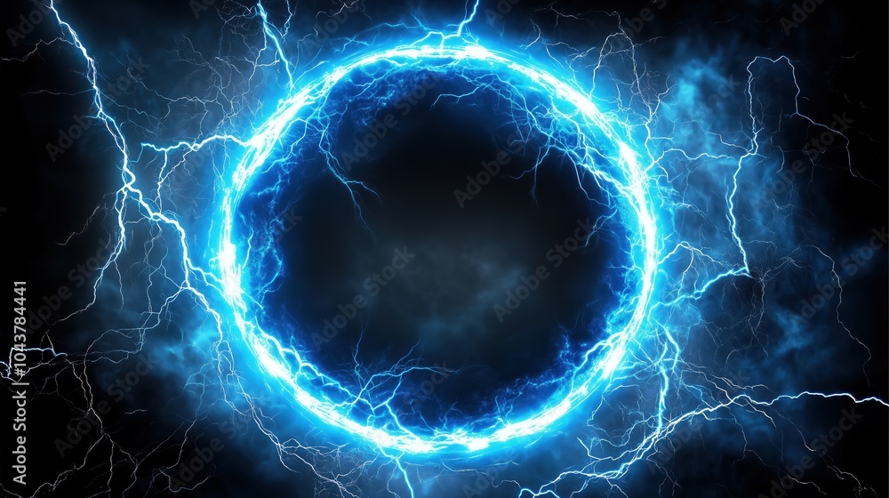 Poster abstract blue lightning scene with a glowing circular frame on a dark backdrop, creating a fantastic