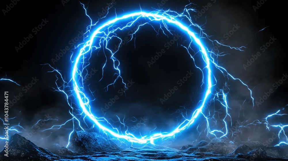 Poster Abstract blue lightning scene with a glowing circular frame on a dark backdrop, creating a fantastical world view. The high-resolution, high-quality, and high-detail render showcases cinematic lightin