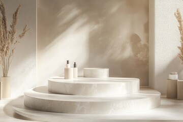 Minimalistic White Showcase Podium with Brown Accent Lighting