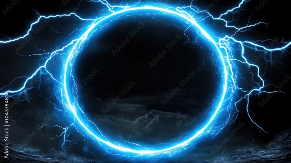 Poster Abstract blue lightning scene with a glowing circular frame on a dark backdrop, creating a fantastical world view. The high-resolution, high-quality, and high-detail render showcases cinematic lightin