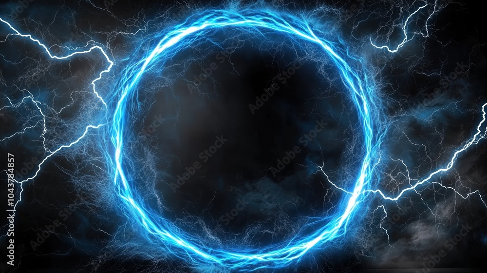 Aufkleber Abstract blue lightning scene with a glowing circular frame on a dark backdrop, creating a fantastical world view. The high-resolution, high-quality, and high-detail render showcases cinematic lightin