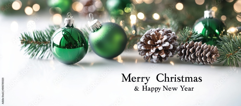 Aufkleber fluid, green christmas ornaments and pine cones with the text 