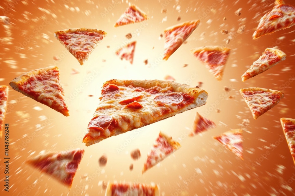 Aufkleber a dynamic display of pepperoni pizza slices soaring diagonally, creating an energetic backdrop perfe