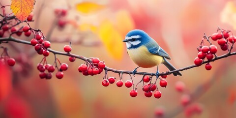 Blue Tit Bird Perched on a Branch with Bright Red Berries in Autumn Foliage