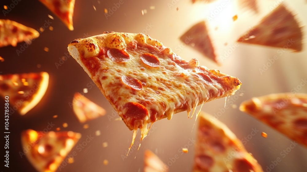 Poster pepperoni pizza slices fly diagonally against a vibrant background, creating an energetic and playfu