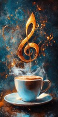 Musical Morning: Treble Clef Steam Rising from Cup with Pastel Watercolor Background