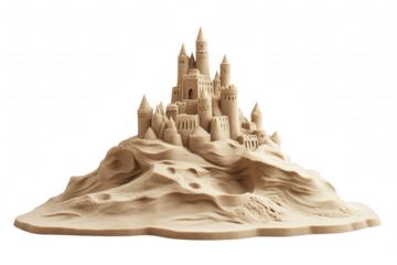 Intricate sandcastle sculpture capturing the majestic beauty of a fantasy fortress rising from the beach
