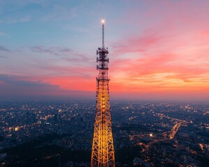 Obraz premium Dusk Cityscape Elegance Enchanting Radio Tower in Twilight Skyline, Urban Symmetry Technological Icons Illuminated - Serene Evening Mood