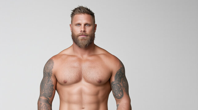 Muscular man with tattoos and beard posing on white background